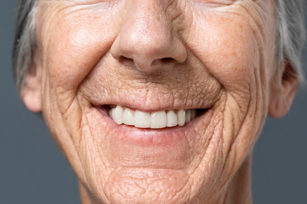 front view senior woman skin texture