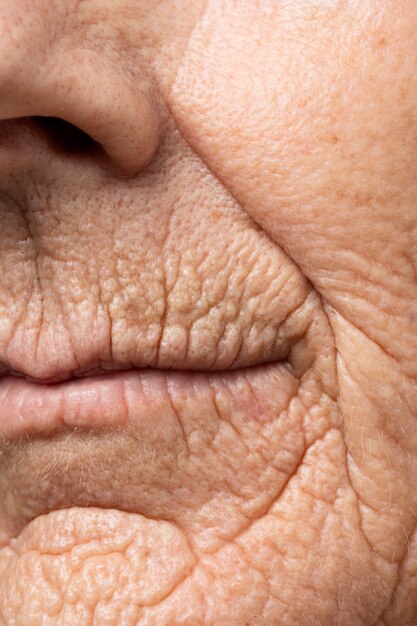 front view senior woman skin texture