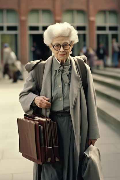 Передний вид пожилой женщины с рюкзаком