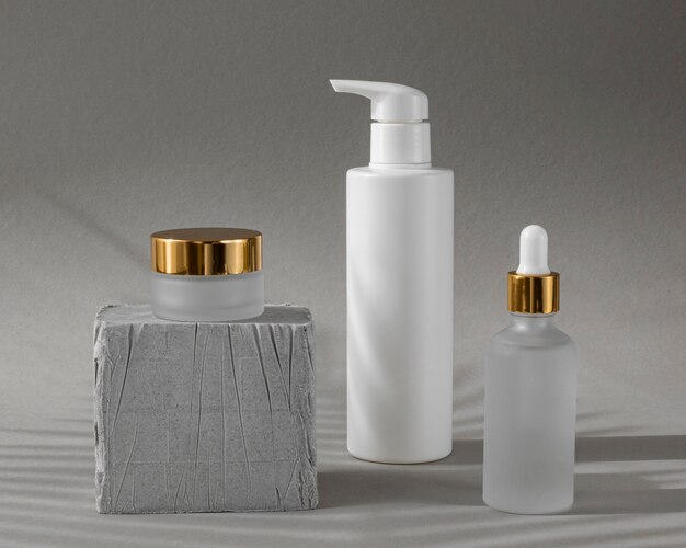 Front view skin products in different recipients arrangement