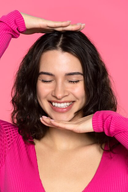 Front view smiley beautiful woman posing