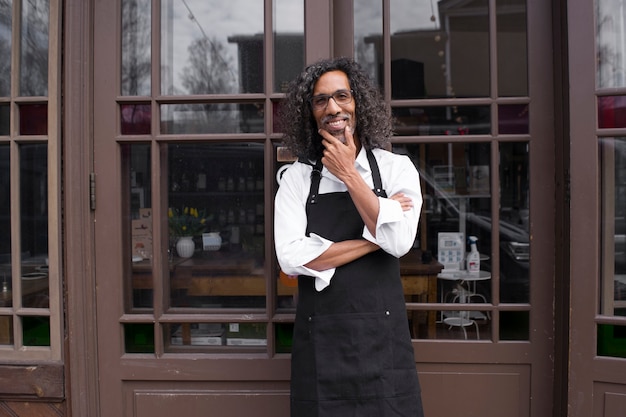 Front view smiley business owner outdoors