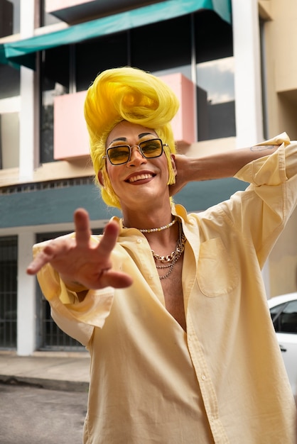 Front view smiley drag queen posing