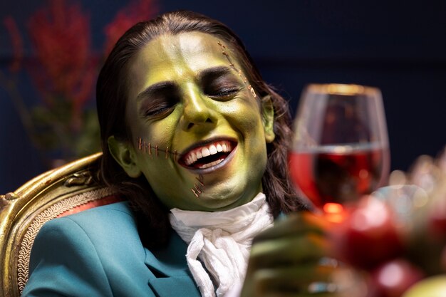 Front view smiley frankenstein holding wine glass