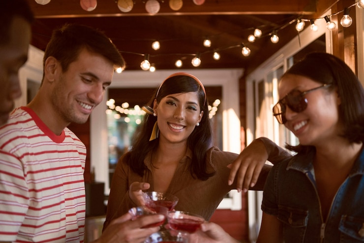 Free Photo front view smiley friends with drinks