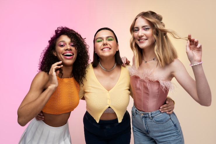 Free Photo front view smiley girls posing together