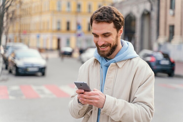 Free Photo front view of smiley man outdoors in the city using smartphone