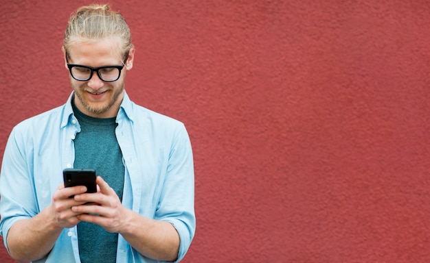 Front view of smiley man with copy space