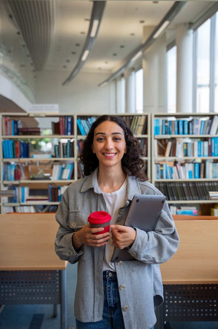 Free Photo front view smiley student with laptop