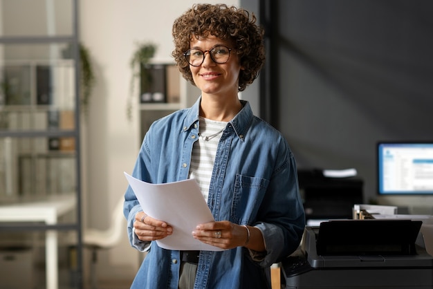 Free photo front view smiley woman holding papers