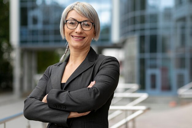 Front view smiley woman looking at camera