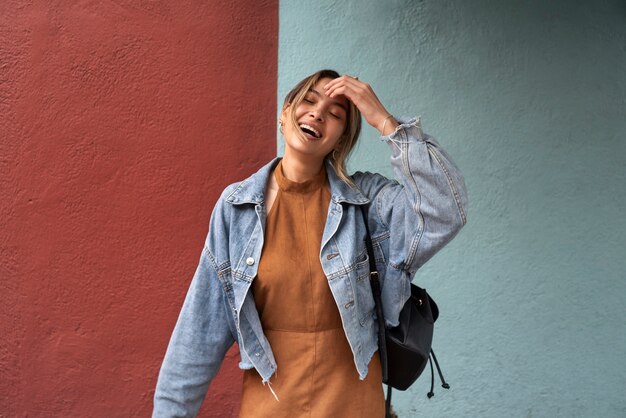 Front view smiley woman posing