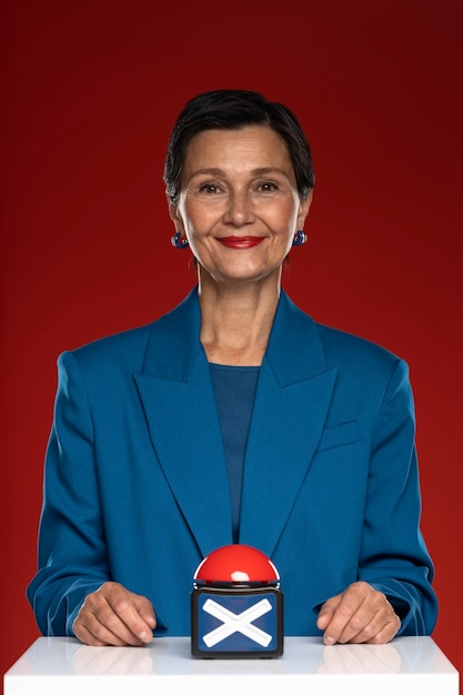 Front view smiley woman with buzzer