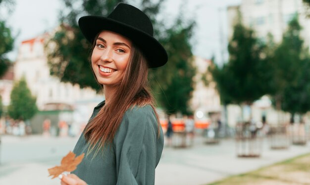 Front view smiley woman with copy space