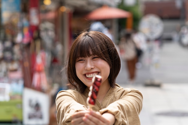 Front view smiley woman with food