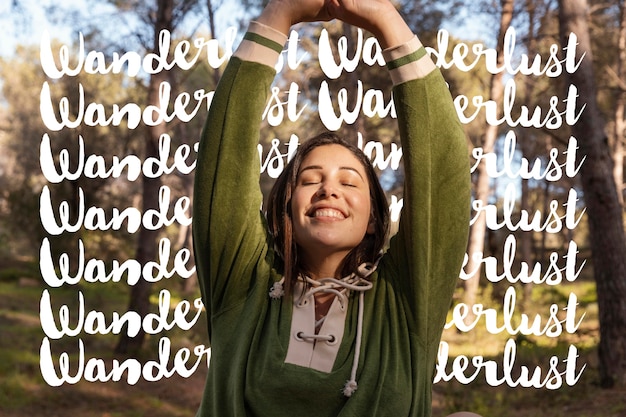 Free photo front view smiley woman with wavy texts