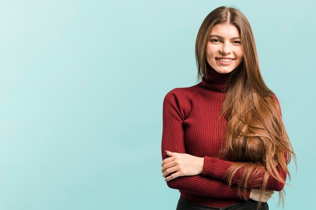 Front view smiling woman in studio