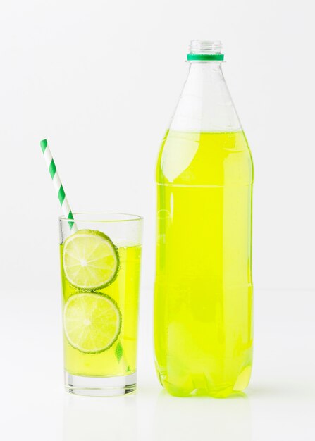 Front view of soft drink bottle and glass