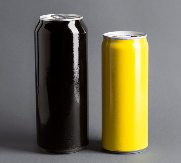 Front view of soft drinks cans