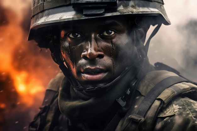 Бесплатное фото Фронтовый вид солдата в камуфляжном снаряжении