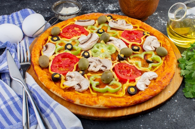 Пицца с пряными грибами и красными помидорами, болгарским перцем, оливками и грибами, вид спереди