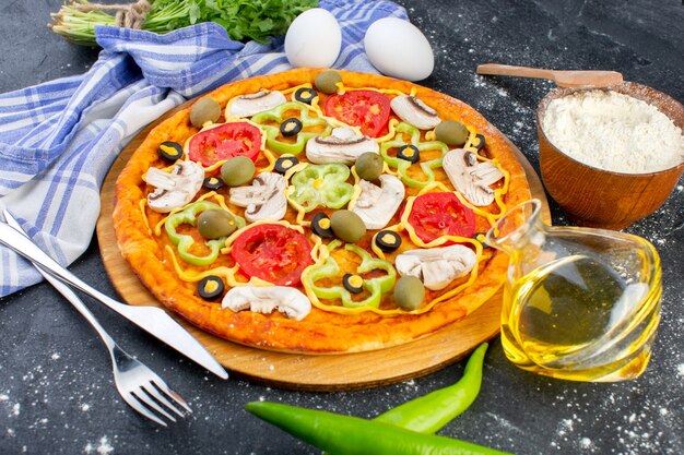 Пицца с пряными грибами и красными помидорами, болгарским перцем, оливками и грибами, вид спереди