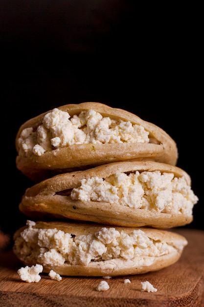 Front view of stack of arepas with copy space