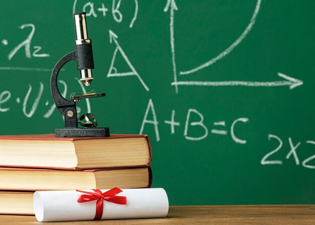 Front view of stack of books and microscope