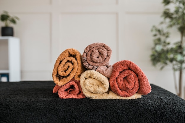 Front view of stack of towel in physiotherapy office