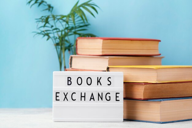 Front view of stacked books with light box and plant