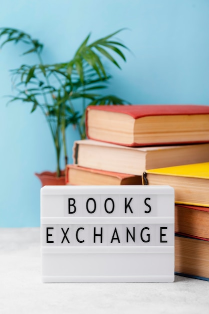 Front view of stacked books with plant and light box