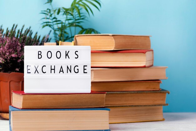 Front view of stacked books with pot of plants and light box