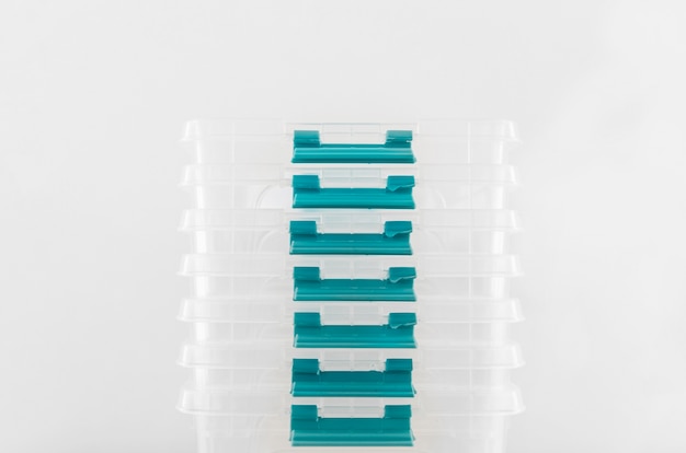 Front view of stacked plastic food containers