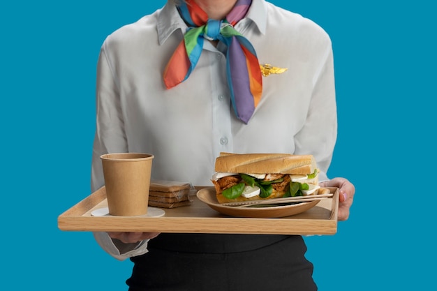 Front view stewardess holding food