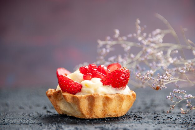 Front view strawberry tart dried flower branch on isolated background