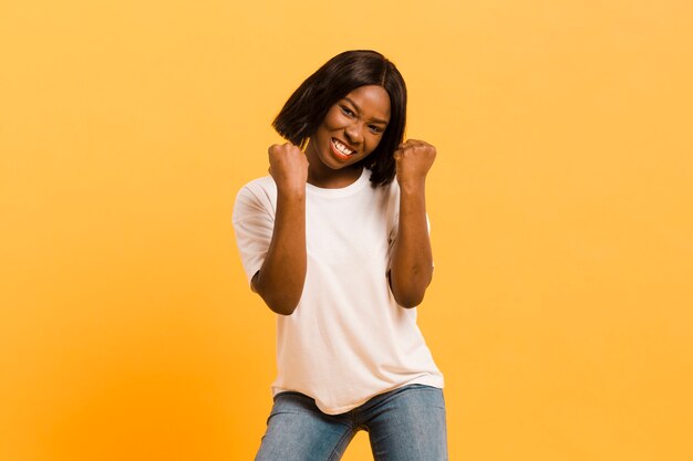 Front view strong woman in studio