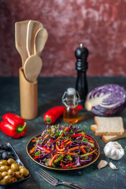 Front view tasty cabbage salad with olives on dark background holiday diet health meal lunch snack bread food