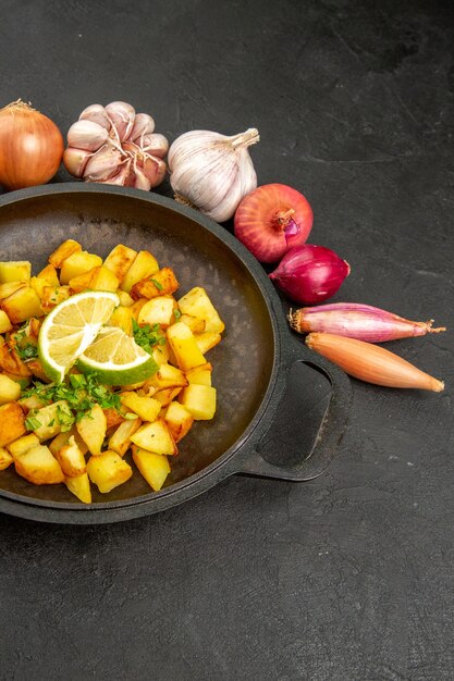 Free photo front view tasty fried potatoes inside pan with lemon and garlics around on dark table color meal food calorie