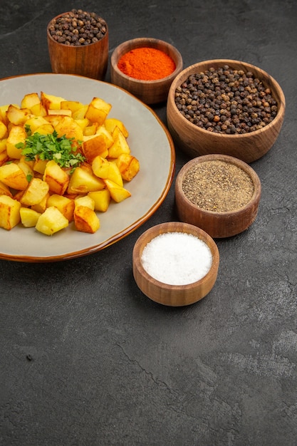 Front view tasty fried potatoes inside plate with seasonings on a dark table