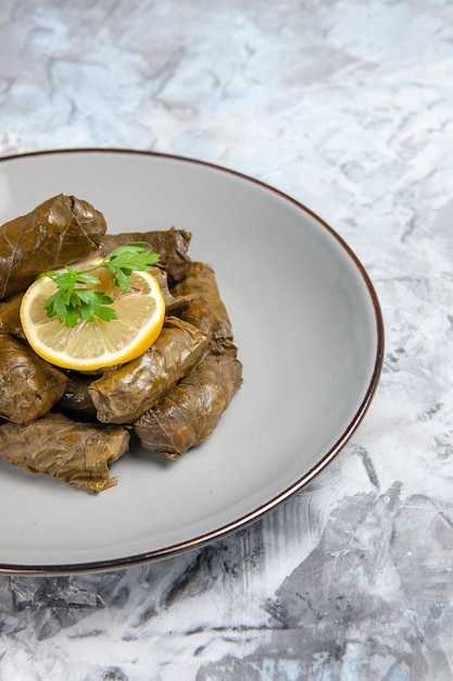 Free photo front view of tasty leaf dolma inside plate on light white surface