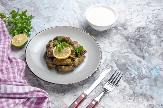 Front view of tasty leaf dolma inside plate on white surface