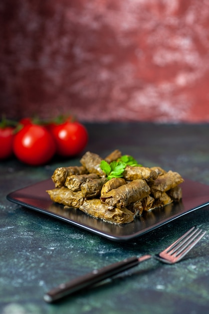 Front view tasty leaf dolma with tomatoes on a dark background calorie oil dinner food salad dish meat restaurant meal