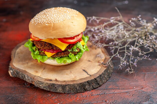 Front view tasty meat burger with cheese and salad on dark background