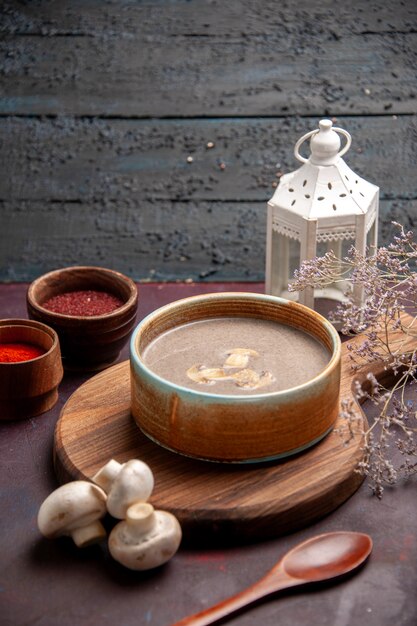 Front view tasty mushroom soup with different seasonings on dark space