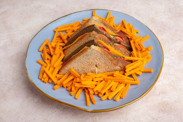 Front view tasty toast sandwiches with cheese ham along with french fries inside plate on white