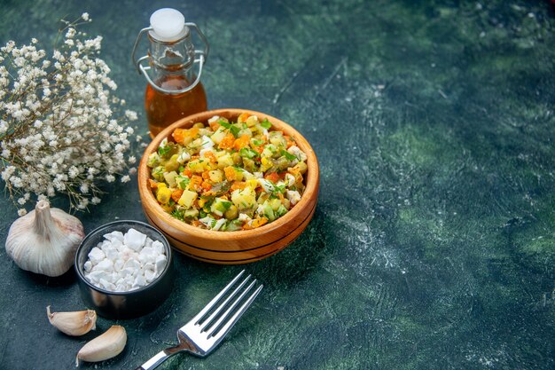 front view tasty vegetable salad on dark background