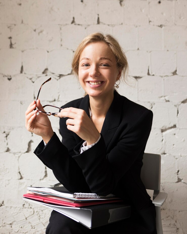 Free Photo front view teacher with glasses