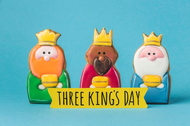 Front view of three kings with crowns for epiphany day