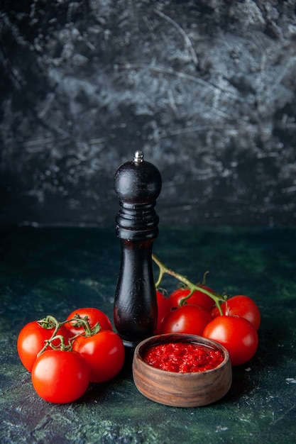 무료 사진 어두운 표면에 신선한 빨간 토마토와 전면보기 토마토 소스 토마토 붉은 색 조미료 후추 소금