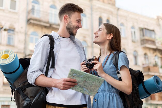 Front view of tourist couple outdoors